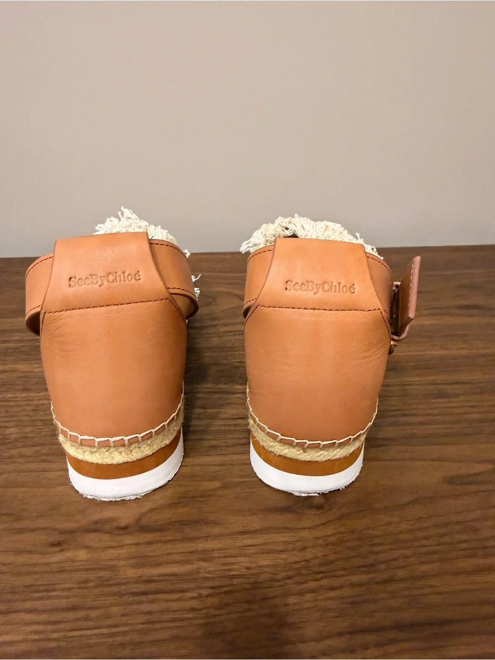 See By Chloé Cream Woven Fringe Espadrille Sandals with Tan Ankle Straps